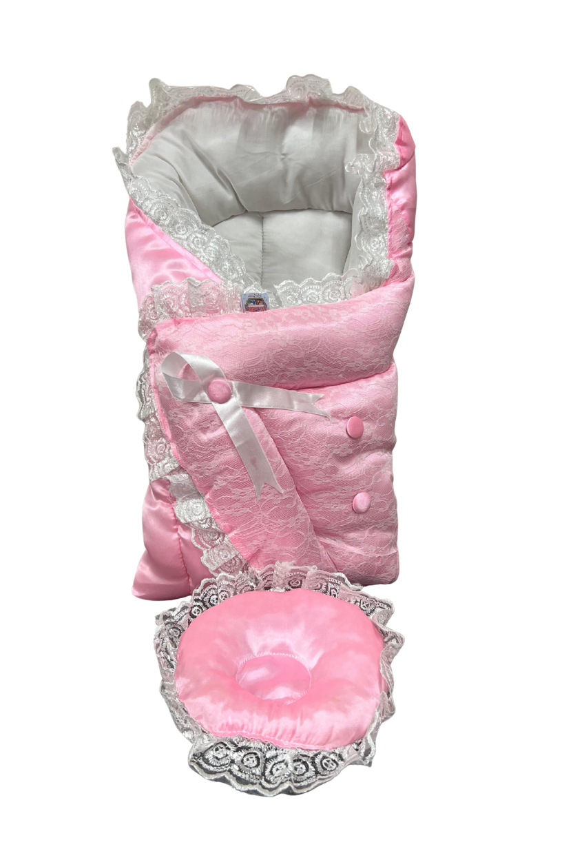 Deluxe Newborn Carry Nest with Pillow – Lace Border